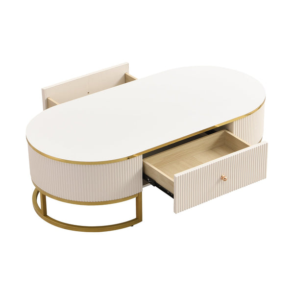 English Elm Modern Oval Coffee Table with Drawers and Gold Base, High-Gloss White Finish, Durable 47.2" Centerpiece N735P192897K