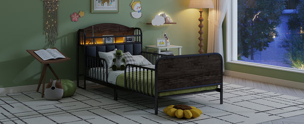 English Elm Twin Solid Wood Platform Bed with Guardrail for Kids, Low-Profile Sturdy Pine Frame, Safe Sleep Solution Black 43.7 L x 16.93 W x 9.65 H W2593P337436