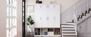 English Elm Wood Entryway Hall Tree with Bench Seating Coat Hooks Shoe Cubbies Cabinet White W5271S00004