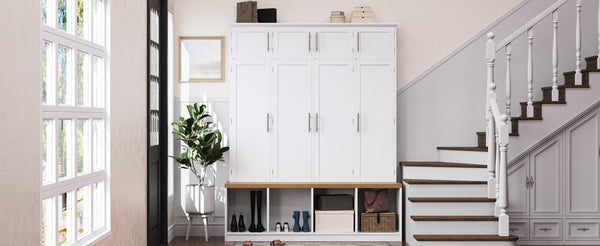 English Elm Wood Entryway Hall Tree with Bench Seating Coat Hooks Shoe Cubbies Cabinet White W5271S00004