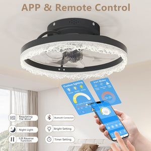 English Elm 16" Modern LED Ceiling Fan Light with Crystal Acrylic Ring, Hidden Blades, Remote & App Control, Dimmable Flush Mount Black W2312P368707