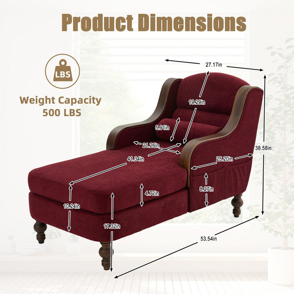 English Elm UNITED Oversized Chaise Lounge Sofa Bed with Solid Wood Arms, High-Resilience Foam, 800lb Capacity and Storage Pockets WINE RED W1568S00210