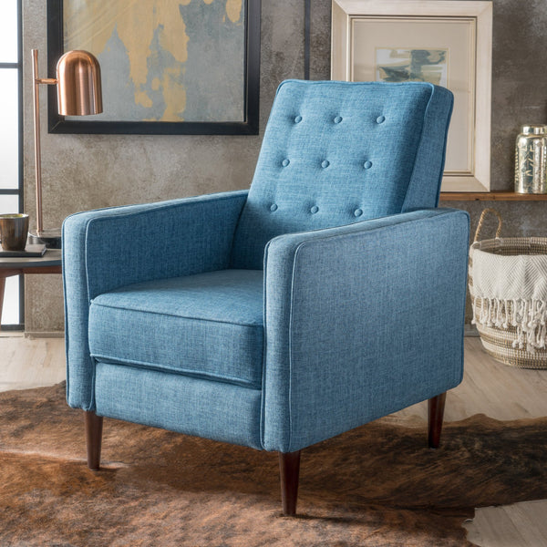 English Elm Christopher Knight Home® - Fabric Recliner Chair Mid-Century Modern Pushback Single Sofa with Tufted Cushion, Birch Legs, Cozy Comfort Blue 60741.00MBLU