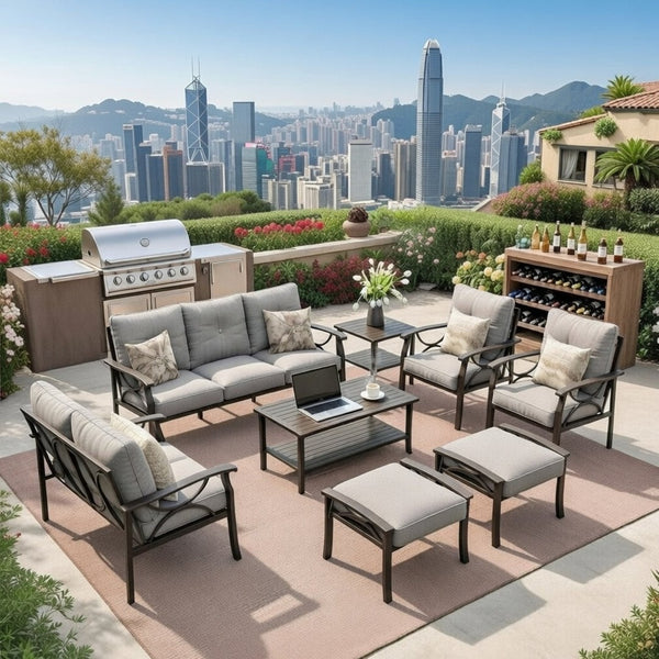 English Elm 8-piece Outdoor Conversation Set 9 Seat Steel Patio Sofa with Thick Cushions Tables Gray B082S00124