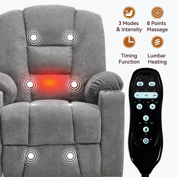 English Elm Emon's Overstuffed Chenille Power Lift Recliner with Massage Heat and Charging Ports Light Gray W1803S00091