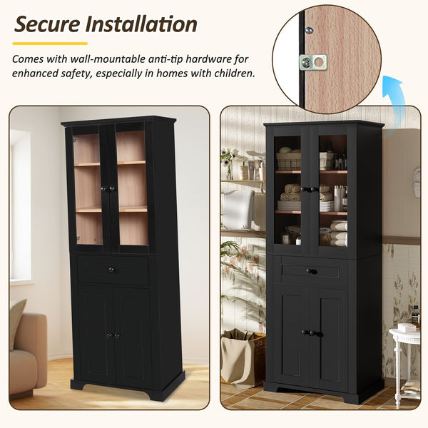 English Elm 67.2" Tall Bathroom Storage Cabinet with Tempered Glass Doors, Adjustable Shelves, Soft-Close Hinges and Anti-Tip Safety Black N729P310006B