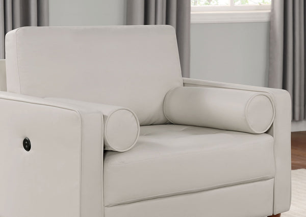 English Elm Mid-Century Off-White Leatherette Chair with Tufted Bench Seat, Bolster Pillows & USB Outlet B011P203541