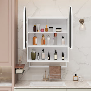 English Elm 23.62" Modern Double-Arched Mirror Cabinet with Tempered Glass, Metal Frame, Shelf & Towel Rack Storage White W757P314591