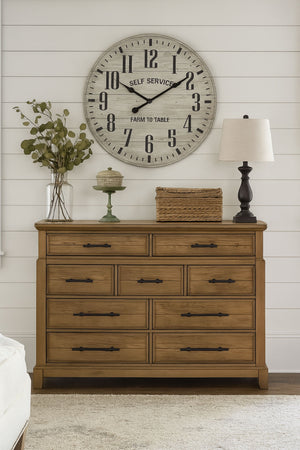 English Elm 9-Drawer Elm Veneer Dresser in Caramel Finish with 9 Smooth-Glide Drawers & Black Metal Pulls, Rustic-Modern Appeal B2699P353072