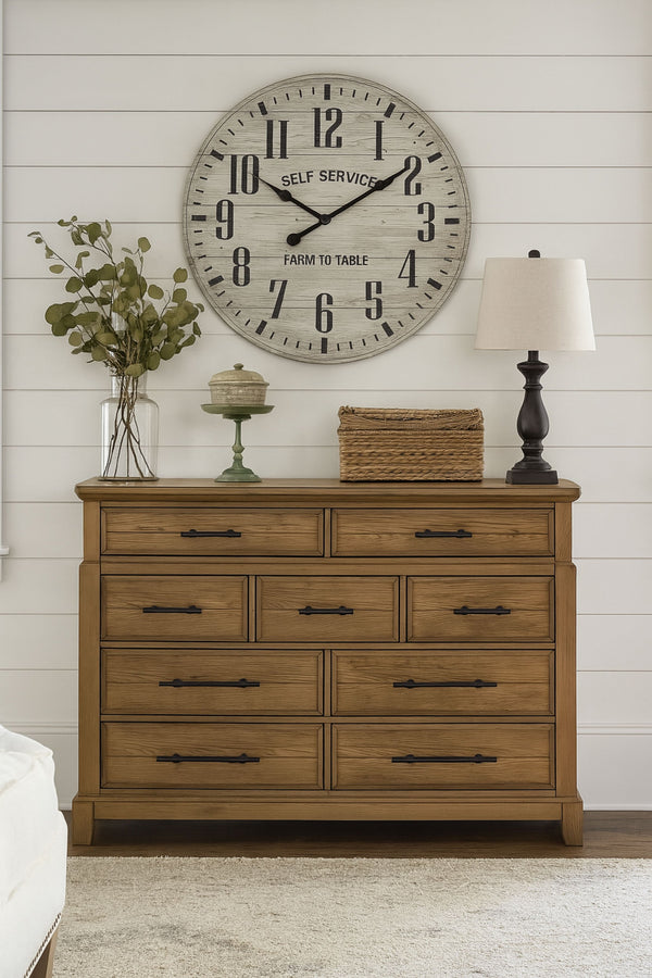 English Elm 9-Drawer Elm Veneer Dresser in Caramel Finish with 9 Smooth-Glide Drawers & Black Metal Pulls, Rustic-Modern Appeal B2699P353072