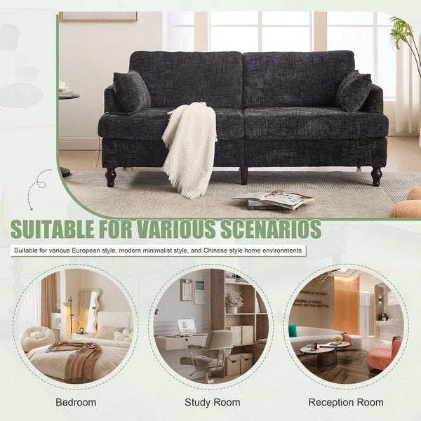 English Elm Modern chenille 2-seater sofa with LED, USB charging, storage pocket, solid wood legs, durable comfort Black W395P318548