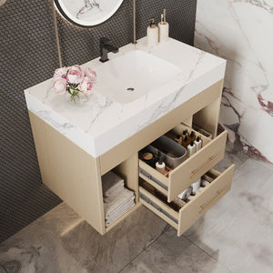 English Elm 29.9" Floating Bathroom Vanity Sintered Stone Top Soft Close Drawers Bronze Gold Hardware White,Wood W3136S00039