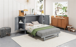 English Elm Full Murphy Bed with Woven Rattan Cabinet Front and Built-in Side Storage Units Gray LP000599AAE