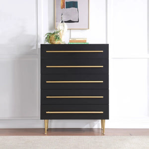 English Elm Contemporary 5-Drawer Chest with Brushed Gold Legs and Handle, Durable Wood Construction, Sleek Bedroom Storage Black+Gold 39 L x 21 W x 43 H B011P353753