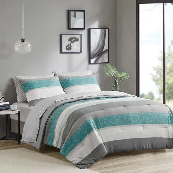 JLA Home Madison Park Essentials - Stripe Comforter Set with Coordinated Sheets, OEKO-TEX Antimicrobial Comforter, Machine Washable, Fits Up to 14" Mattress Aqua/Grey MPE10-1032