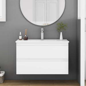 English Elm 32-Inch Wall-Mounted Bathroom Vanity With Soft-Close Sink, Double Drawers, Modern Design & Easy Install W3151S00047