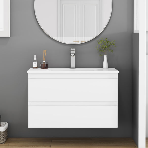 English Elm 32-Inch Wall-Mounted Bathroom Vanity With Soft-Close Sink, Double Drawers, Modern Design & Easy Install W3151S00047