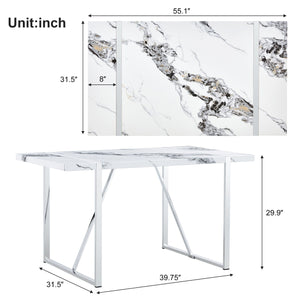English Elm Modern 55" Faux Marble Dining Table for 4 - Rectangular MDF Top, Steel Legs, 300lb Capacity, Easy 30-Min Assembly, White Silver Finish WF312268AAK
