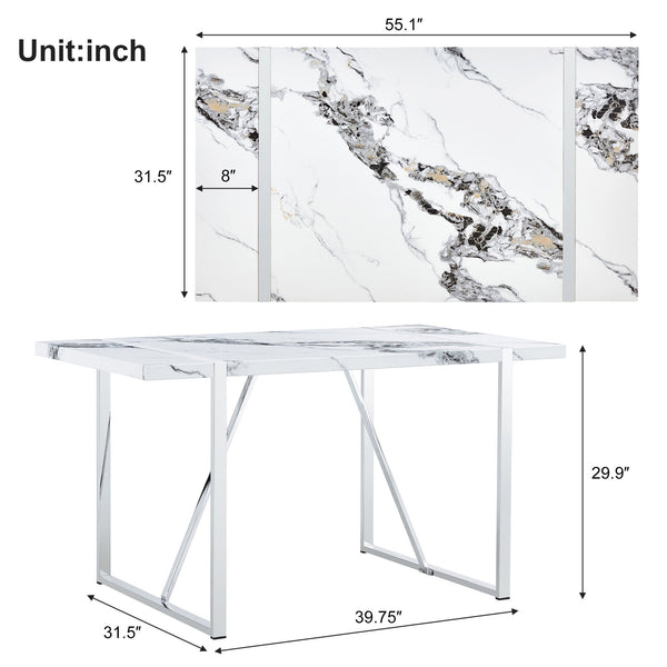 English Elm Modern 55" Faux Marble Dining Table for 4 - Rectangular MDF Top, Steel Legs, 300lb Capacity, Easy 30-Min Assembly, White Silver Finish WF312268AAK
