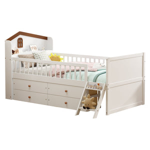 English Elm Twin Bed Frame with Storage Drawers and House Headboard, Kids Platform Bed with Guardrail Ladder and Shelf White 49.3 L x 16.25 W x 7.75 H N733S278032K