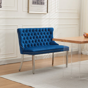 English Elm Velvet Wingback Dining Bench Tufted Two Seat Mid Century Modern Brushed Steel Base Blue W1143P406981