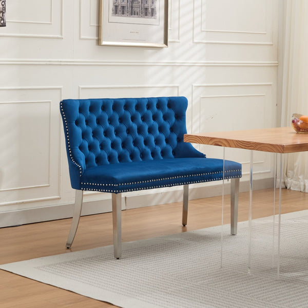 English Elm Velvet Wingback Dining Bench Tufted Two Seat Mid Century Modern Brushed Steel Base Blue W1143P406981
