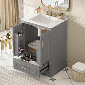 English Elm 24"bathroom Vanity Freestanding Gray Mdf Ceramic Sink Soft Close Storage Cabinet N729P321378E