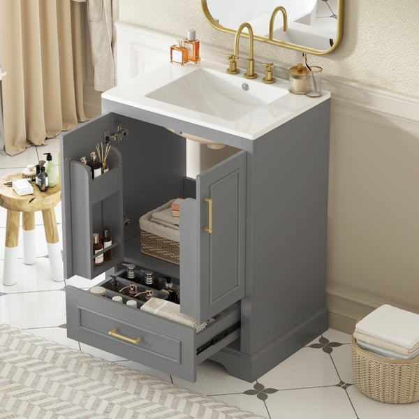 English Elm 24"bathroom Vanity Freestanding Gray Mdf Ceramic Sink Soft Close Storage Cabinet N729P321378E