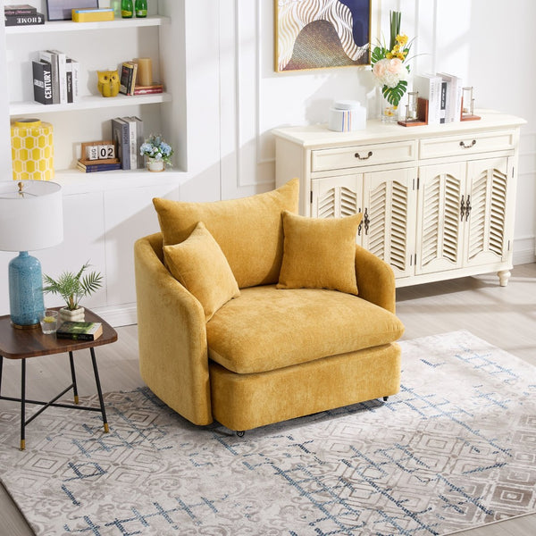 English Elm 360° 360 Swivel Oversized Chenille Armchair with Pocket Spring Seat and Three Throw Pillows Yellow W1361S00054