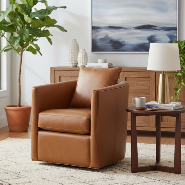English Elm Jasmine Wax-Oiled Top Grain Leather Swivel Accent Chair — Barrel Design, Removable Cushions, Brown Finish B050P390587
