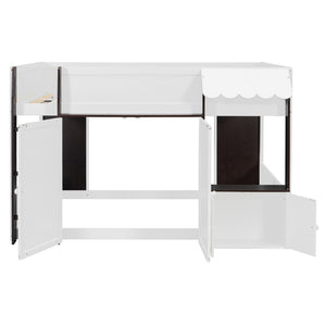English Elm Twin House Loft Bed with Pull Out Rolling Desk Stair Drawers and Cabinet Storage Espresso+White N820S00074P