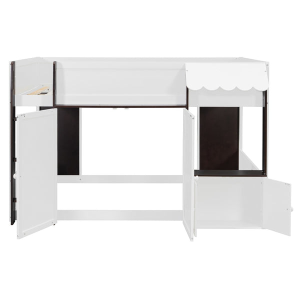 English Elm Twin House Loft Bed with Pull Out Rolling Desk Stair Drawers and Cabinet Storage Espresso+White N820S00074P
