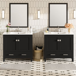 English Elm 72" Black Bathroom Vanity Set with Double Ceramic Sinks, Soft-Close Doors, Divided Drawer, Ample Storage and Solid Wood Frame for Durable Modern Style N729P000006B