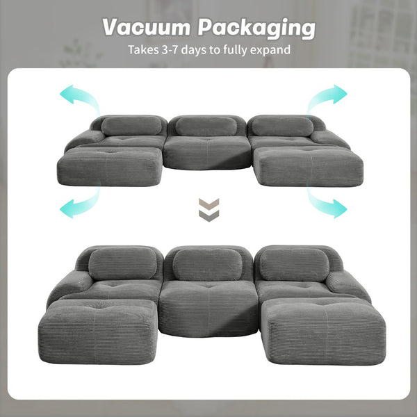 English Elm U-shaped Modular Sectional Corduroy Sofa with Wide Armrests for Living Room Comfort Grey W714S01268