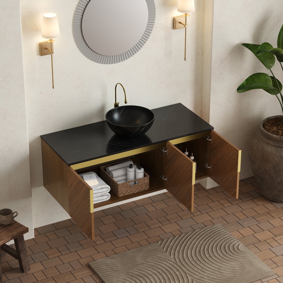 English Elm Arai 48" Floating Bathroom Vanity With Black Stone Countertop & Ceramic Basin, Brown Oak Finish W2615S00359