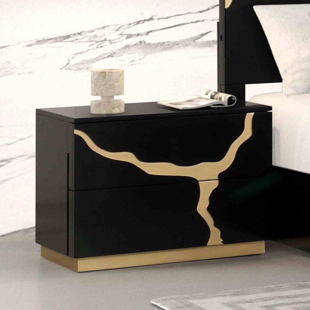 English Elm Contemporary Black Gold Nightstand Dovetail Drawers Felt Lined Solid Wood Bedroom B2741P435902