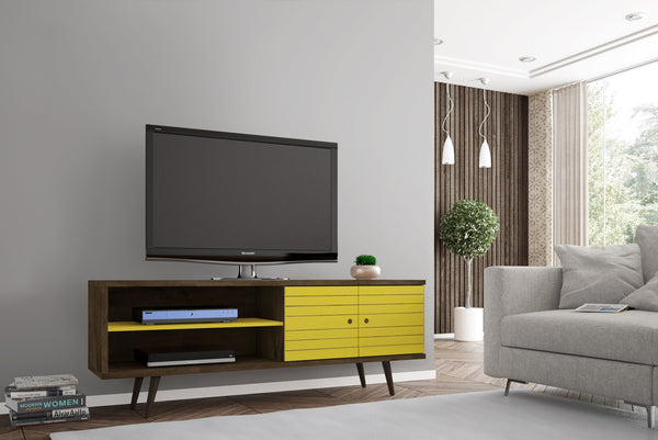 English Elm Liberty 71" TV Stand with Mid-Century Splayed Legs, Wire Management, Drawer & Cubby Storage Brown+Yellow B365P398386