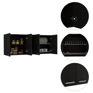 English Elm Winslow 150" Wall Cabinet with Built-In Dish Rack, Four Doors, Open Center Shelf, Black Finish B128P148993