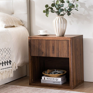 English Elm Night Stand with Fluted Drawer Open Shelf Mid Century Modern Bedside Table for Bedroom W3417P388722