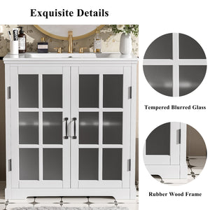 English Elm Christopher Knight Home® - 30" Modern Bathroom Vanity with Ceramic Sink, Tempered Blurred Glass Doors, Rubber Wood Frame Storage White N817P279904W