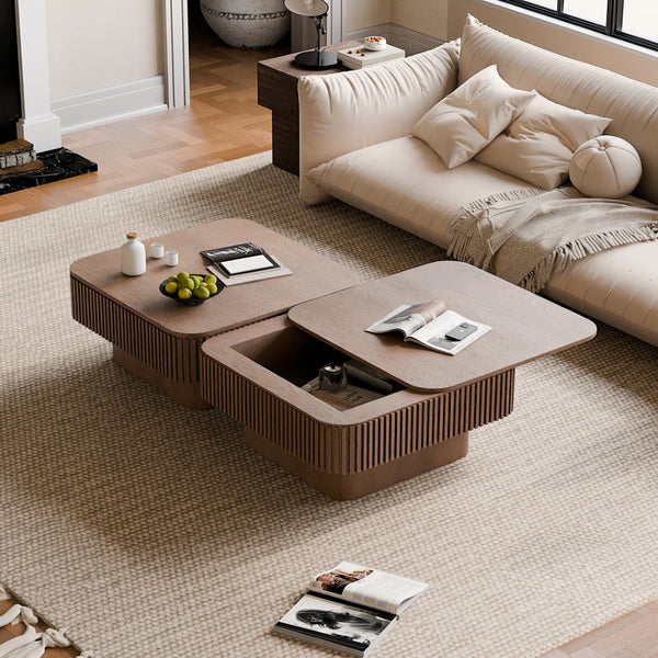English Elm 31.5'' Square Wood Veneer Flip Top Storage Coffee Table with Slat Detail for Living Rooms Walnut W1435P375246