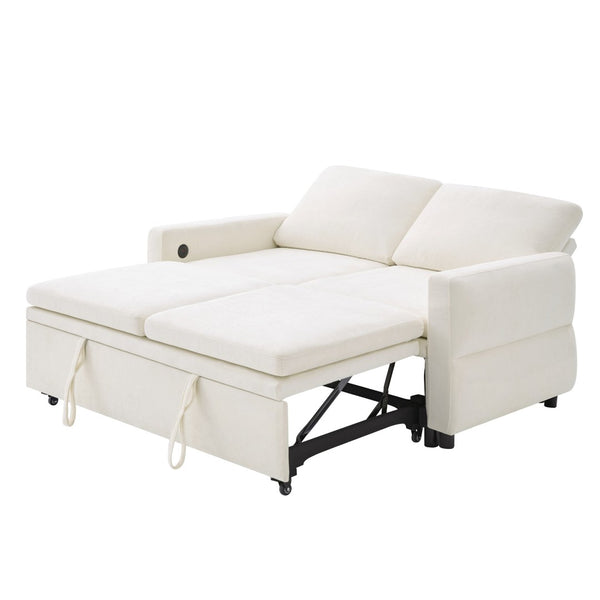 English Elm Convertible Chenille Sleeper Loveseat with Usb Ports and Reclining Backrest for Small Spaces Beige N719P390439A