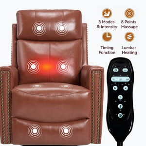 English Elm Red Genuine Leather Swivel Rocker Recliner with Massage Heat for Living Room W1803P323709