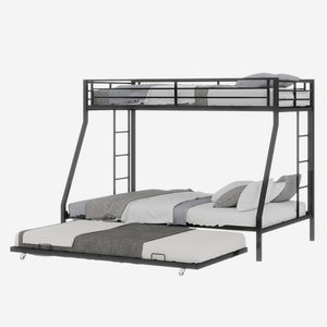 English Elm High Strength Iron Bunk Bed with Rolling Trundle Minimalist Queen Frame for Three W1935P360876