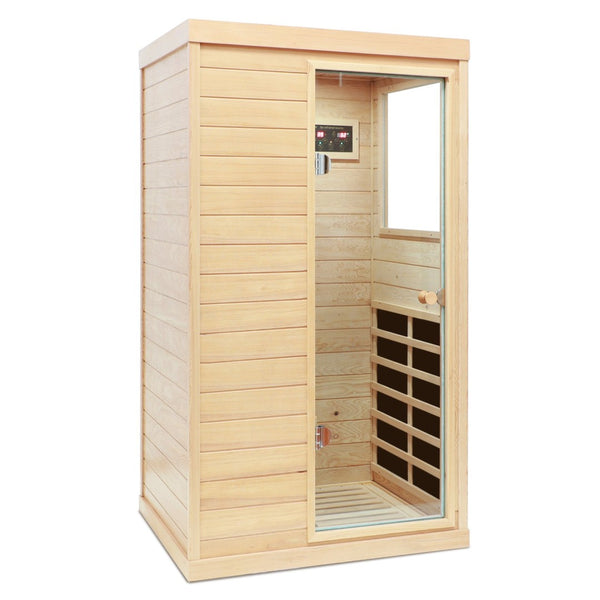 English Elm Hemlock Solid Wood Single Person Far Infrared Sauna with Bluetooth and Lcd Controls W632S00008