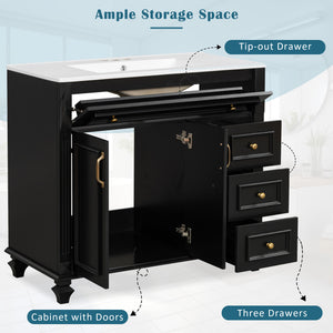 English Elm 36" Modern Bathroom Vanity with Ceramic Sink, Gold Handles, Flip-Out Drawer & Soft-Close Doors Black N725P283623B