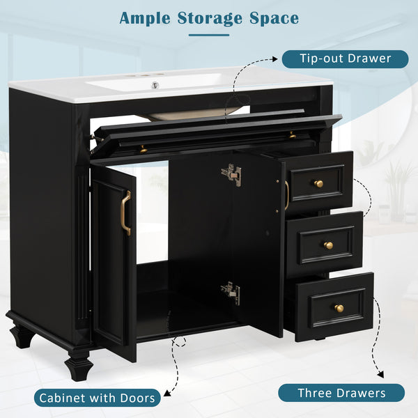 English Elm 36" Modern Bathroom Vanity with Ceramic Sink, Gold Handles, Flip-Out Drawer & Soft-Close Doors Black N725P283623B