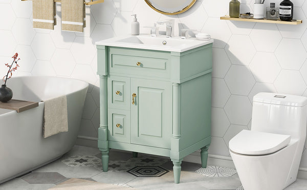 English Elm 24 Inch Freestanding Vanity with Ceramic Sink Rubberwood Frame Matte Finish Storage Green N725P356058F
