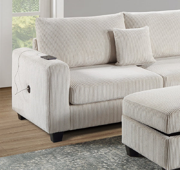 English Elm Ivory Corduroy 3pc Sectional Sofa Set with USB Port, RAF Chaise, Storage Ottoman & 2 Pillows B011S01240