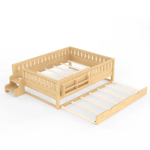English Elm Queen Bunk Bed with Trundle Solid Pine Kids Car Themed Frame Built-in Bookshelf Light Natural W1580S00563
